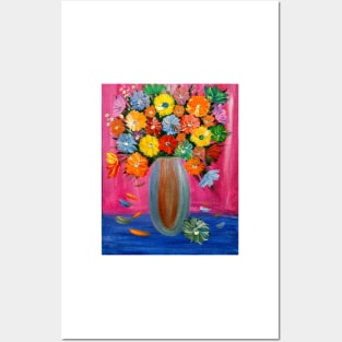 beautiful bouquet of mixed flowers in a silver vase Posters and Art